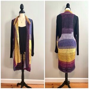 Handmade Crochet Duster Vest Knit Cardigan Sweater Purple Gold Yarn One Size